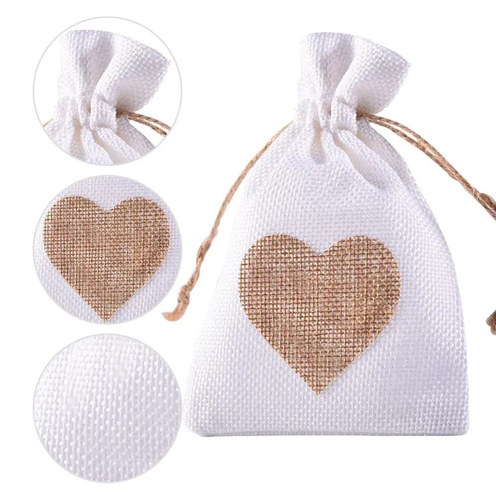 12 Wedding Hessian Burlap Jute Favor Gift Bags, Heart Drawstring Jewelry Pouch Wedding Party Candy Bags, Bracelet Pouch Linen, Eco Small Bag