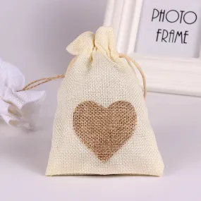 12 Wedding Hessian Burlap Jute Favor Gift Bags, Heart Drawstring Jewelry Pouch Wedding Party Candy Bags, Bracelet Pouch Linen, Eco Small Bag