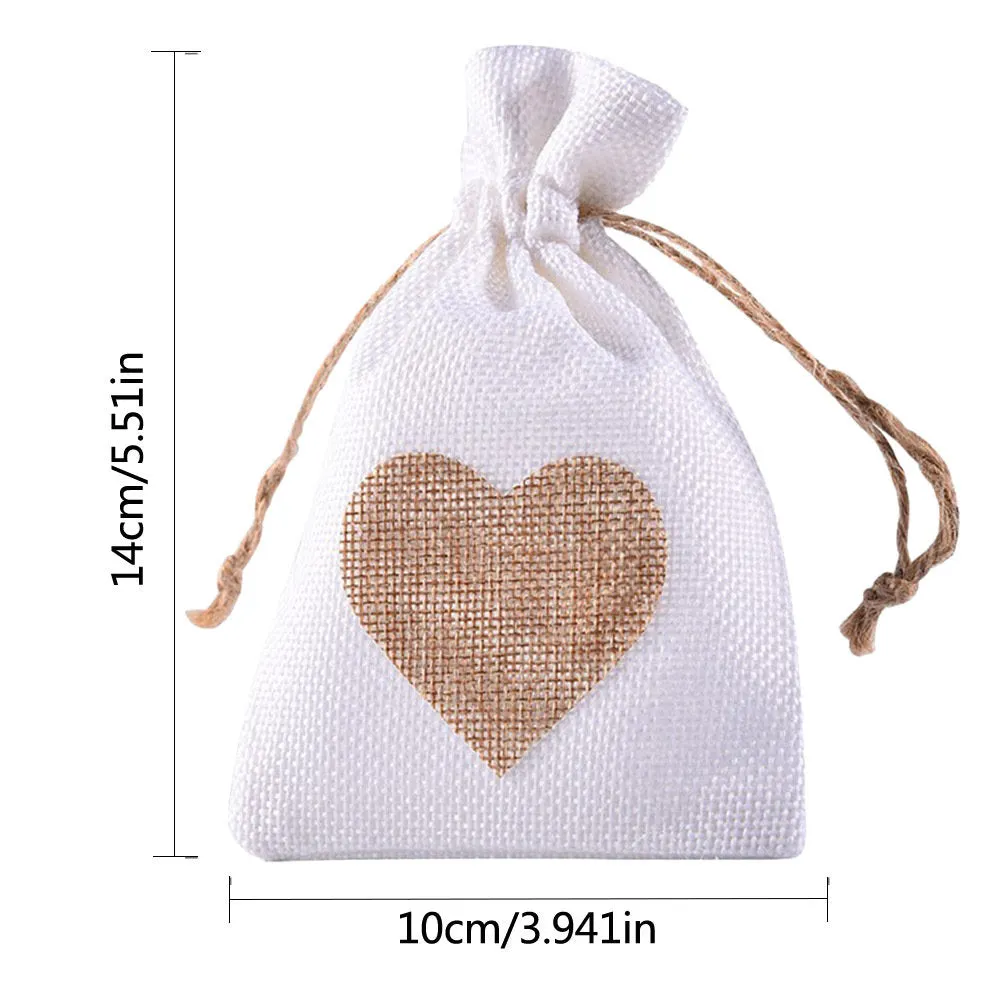 12 Wedding Hessian Burlap Jute Favor Gift Bags, Heart Drawstring Jewelry Pouch Wedding Party Candy Bags, Bracelet Pouch Linen, Eco Small Bag