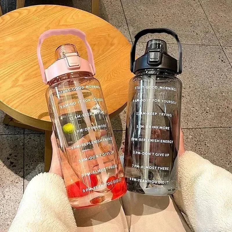 2 Liters Straw Plastic Water Bottle Large Portable Travel Bottle Sports Fitness Cup High Value Big Fat Cup Adult Universal