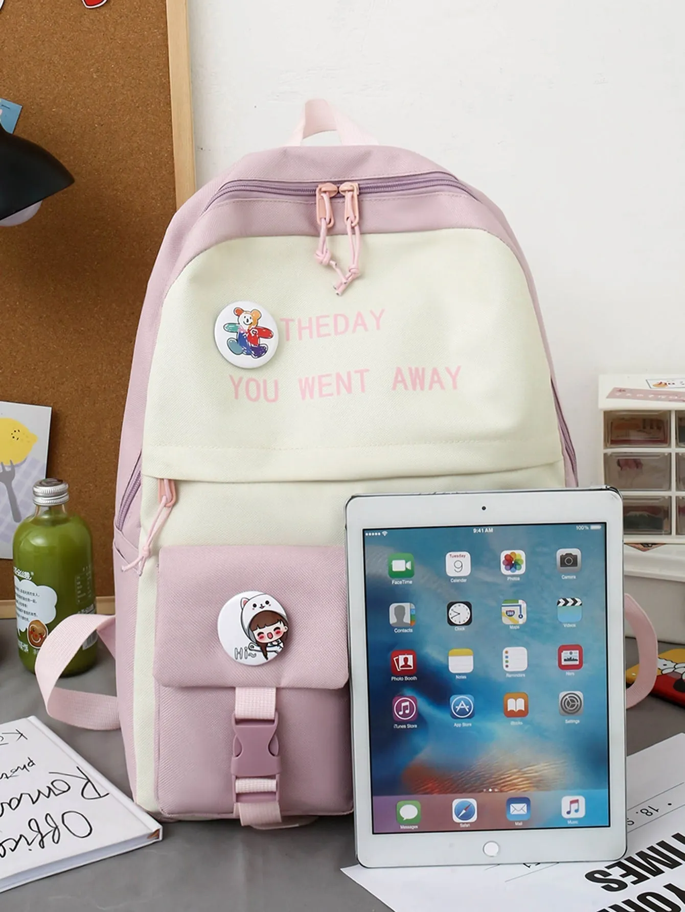 5pcs Color Block Pocket Front Backpack Set