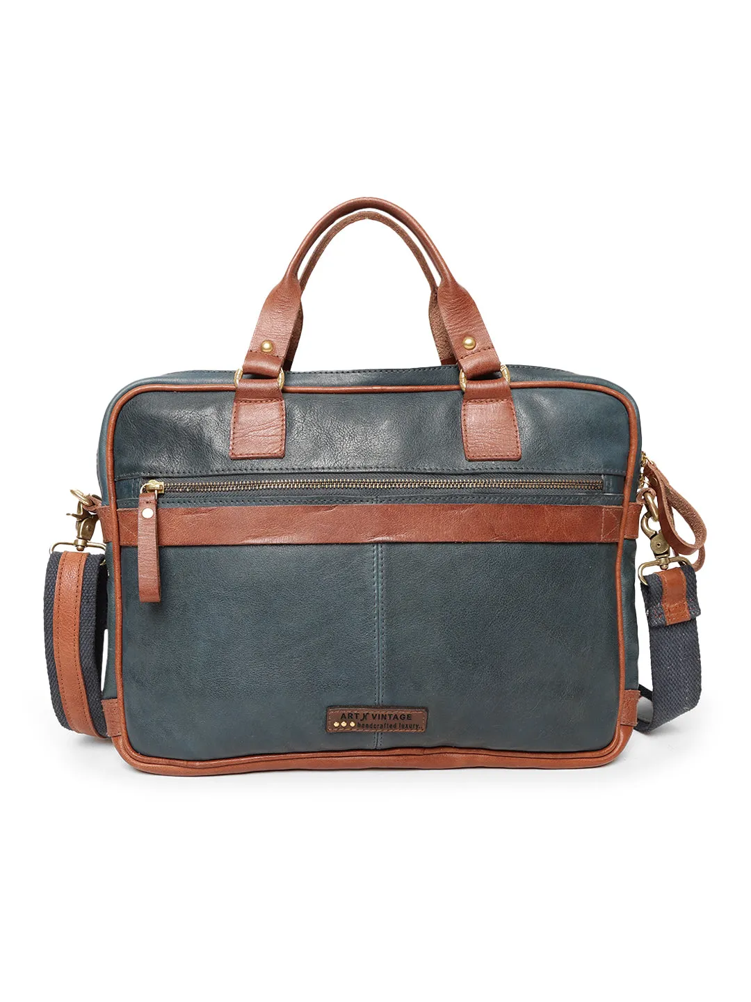 Art N Vintage Winger : Navy With Cognac Real Leather Laptop Bag