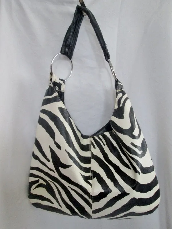 ATTENTION vegan shoulder bag hobo carryall satchel ZEBRA BLACK WHITE L Stripe