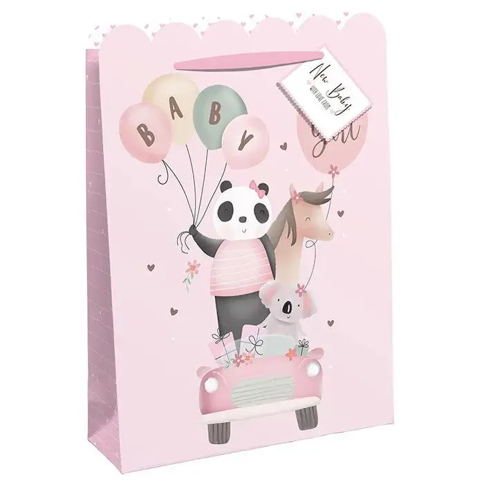 Baby Pink Panda Car White Kraft Gift Bag - Medium / Ex-Large