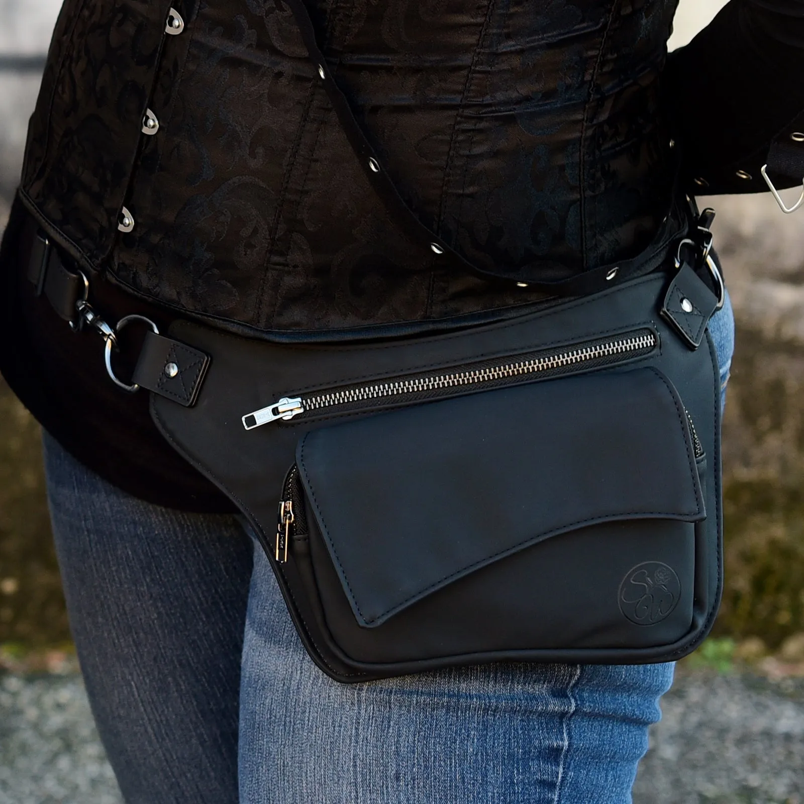 Black Vegan Leather Hip Bag (Gun Metal)