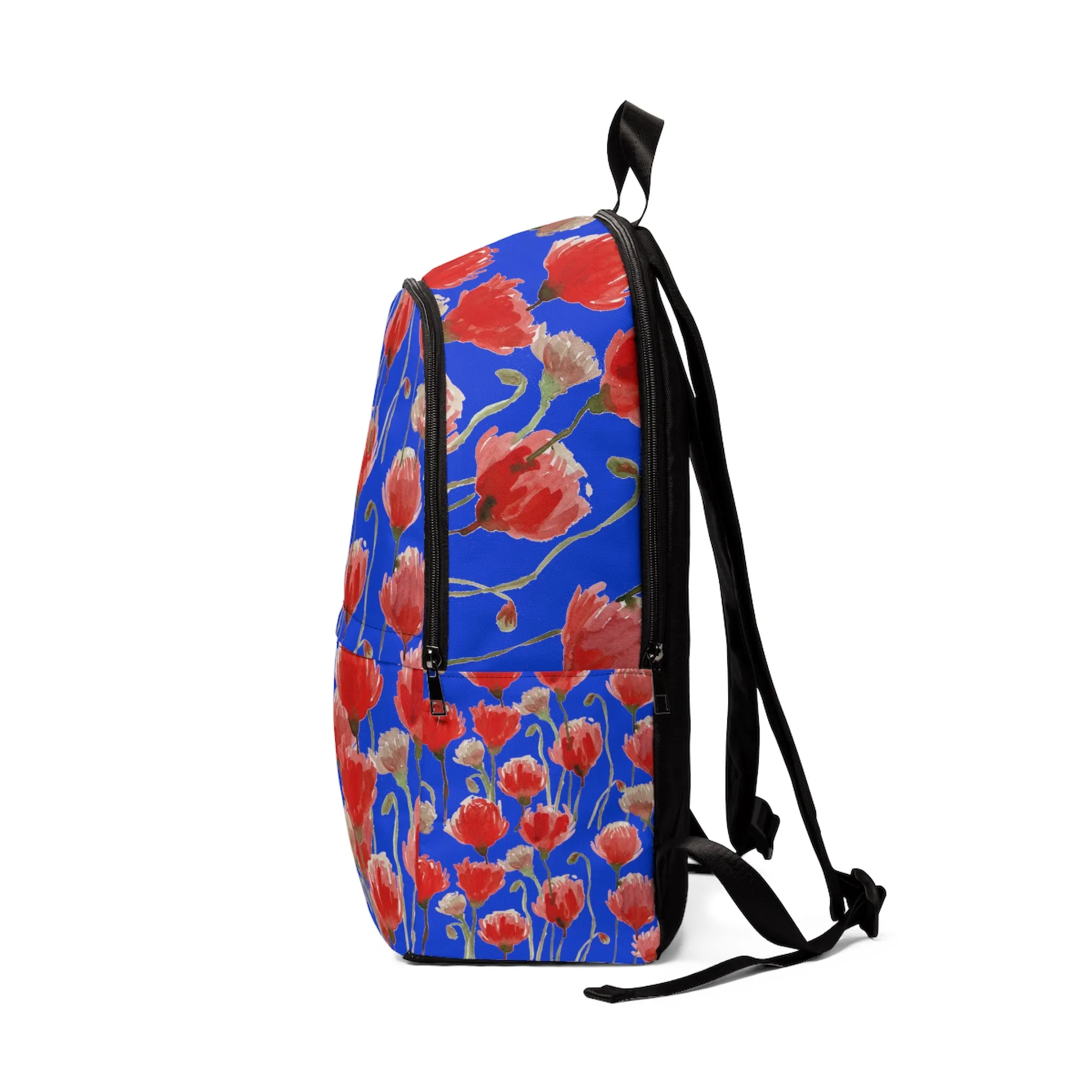 Blue Red Poppy Floral Backpack, Poppy Flower Floral Print Designer Fabric Travel Bag