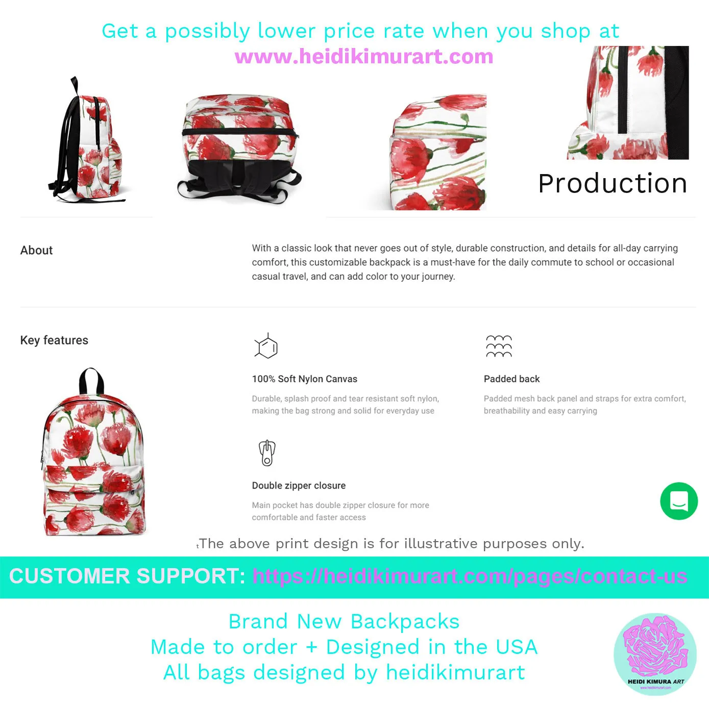 Blue Red Poppy Floral Backpack, Poppy Flower Floral Print Designer Fabric Travel Bag