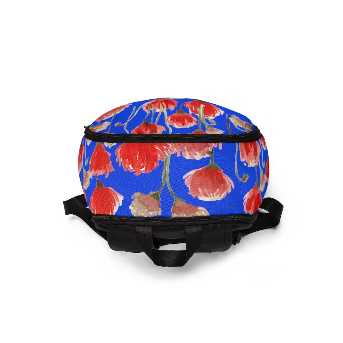 Blue Red Poppy Floral Backpack, Poppy Flower Floral Print Designer Fabric Travel Bag