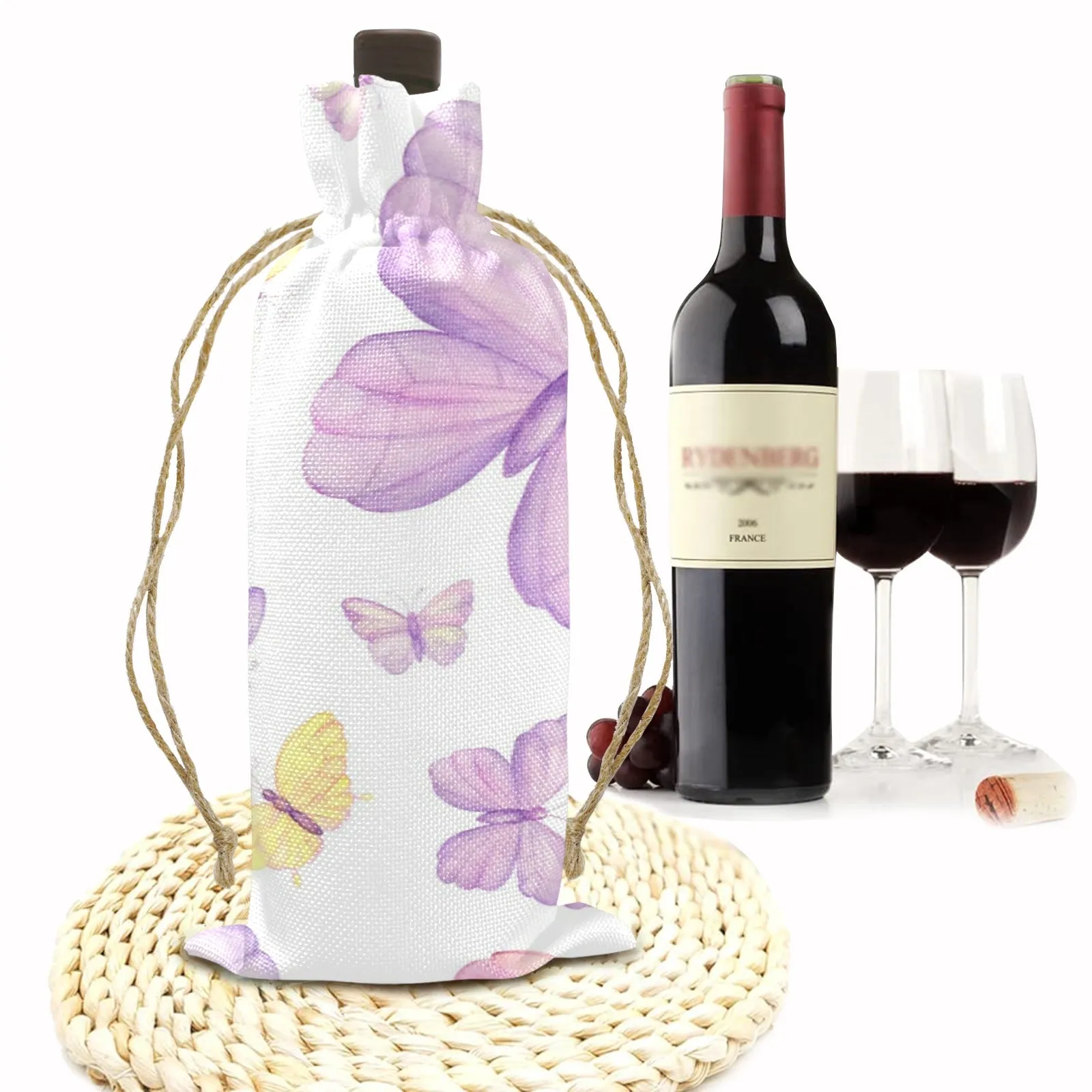 Butterflies Linen Wine Bottle Bag