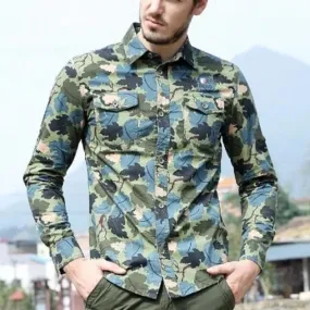 Camouflage Designer Turn Down Collar Cotton Long Sleeve