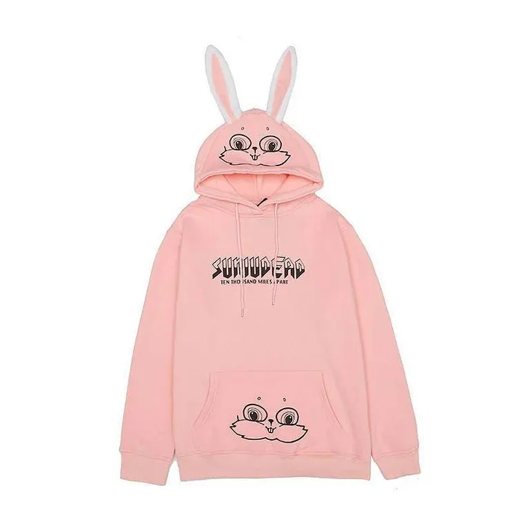 Cartoon Bunny Ears Letter Print Girlfriend Boyfriend Hooded Sweatshirt