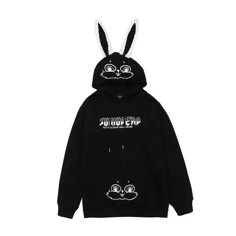 Cartoon Bunny Ears Letter Print Girlfriend Boyfriend Hooded Sweatshirt