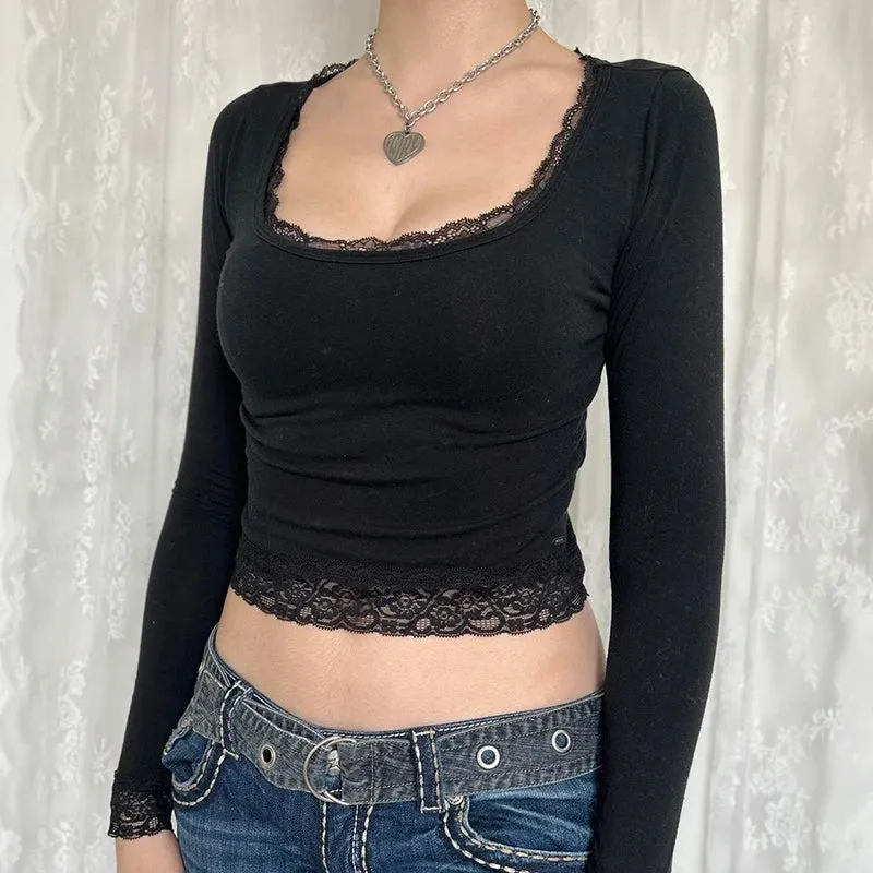 Casual Basic Square Neck Women T-shirt Long Sleeve Autumn Tee Knit Lace Trim Y2K Vintage Cropped Top Slim All-Match