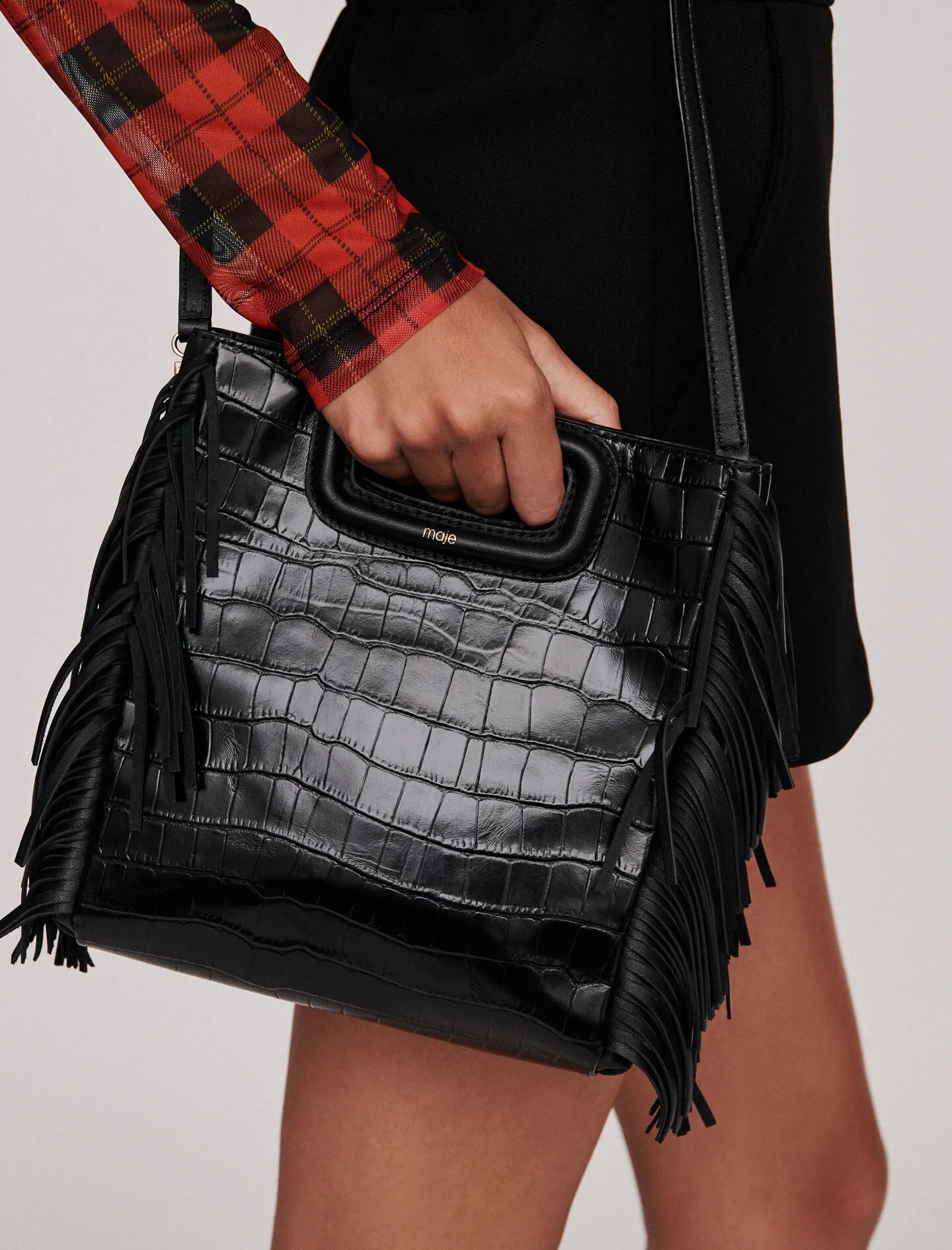 CROCO-EFFECT LEATHER M BAG WITH FRINGING