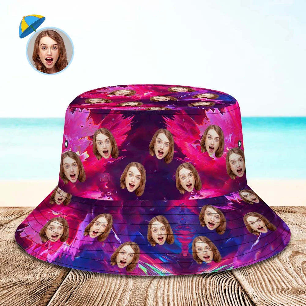 Custom Face Bucket Hat Unisex Personalised Wide Brim Outdoor Summer Cap Hiking Beach Sports Hats Pink and Red Abstract Texture