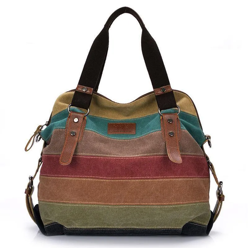 Europe and America Color Contrast Rainbow Stripe Canvas Bag