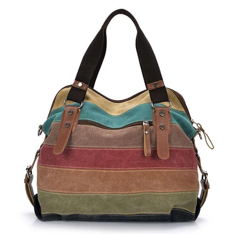 Europe and America Color Contrast Rainbow Stripe Canvas Bag