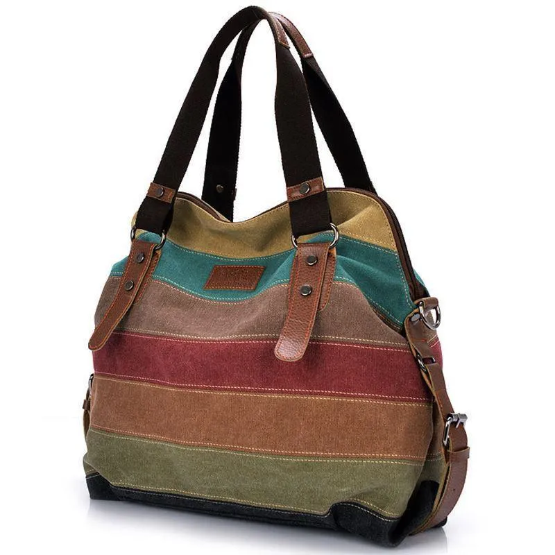 Europe and America Color Contrast Rainbow Stripe Canvas Bag