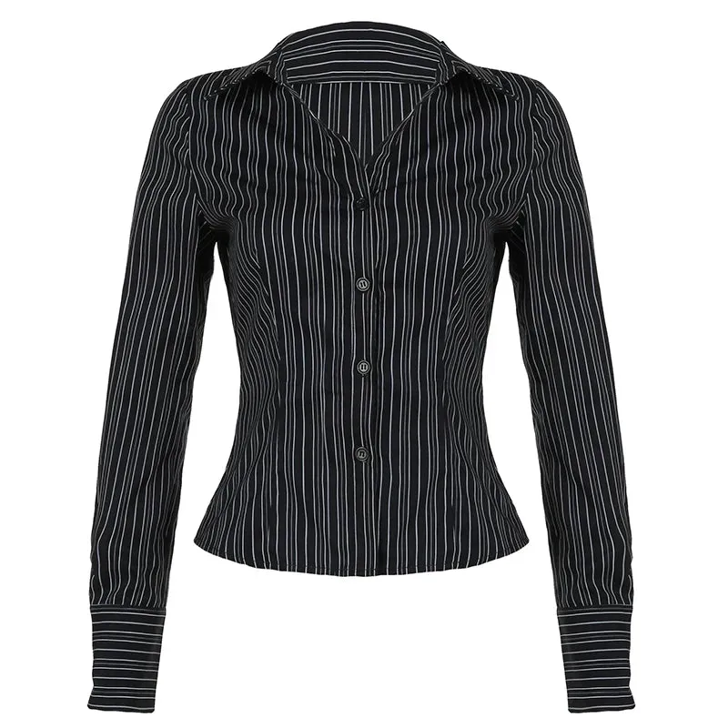 Fashion Chic Black Stripe Women Blouse Slim Long Sleeve Spring Autumn Shirt Top Buttons-Up Casual Y2K Cardigan Retro