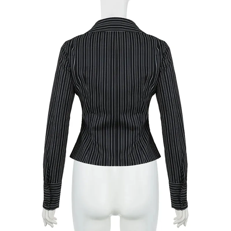 Fashion Chic Black Stripe Women Blouse Slim Long Sleeve Spring Autumn Shirt Top Buttons-Up Casual Y2K Cardigan Retro