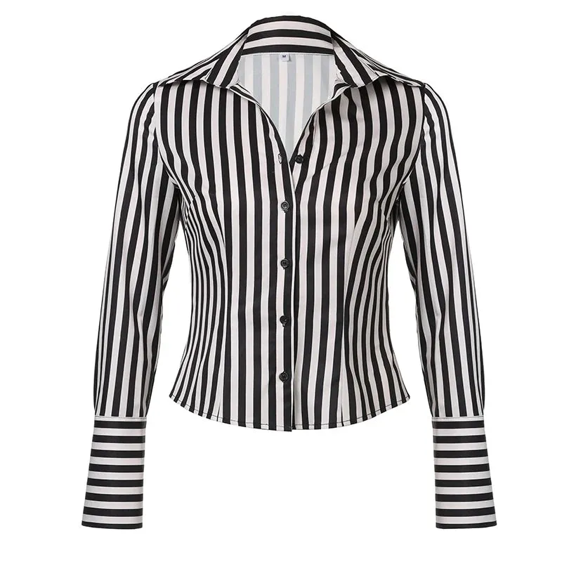 Fashion Chic Stripe Women Shirt Top Long Sleeve Cardigan Buttons-Up Vintage Elegant Spring Fall Blouse Y2K Clothing