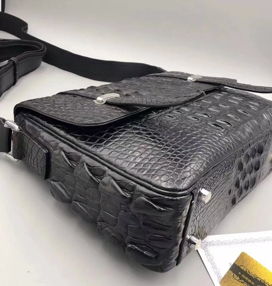 Genuine Crocodile Leather  Messenger Shoulder Bag Black