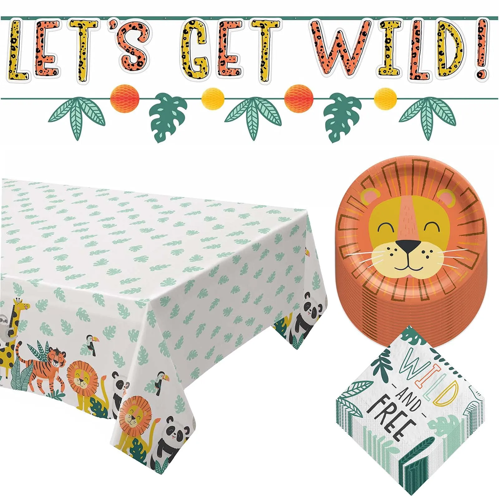 Get Wild Jungle Animals Safari Lion Paper Dessert Plates, Napkins, Table Cover, and Letter Banner Set (Serves 16)