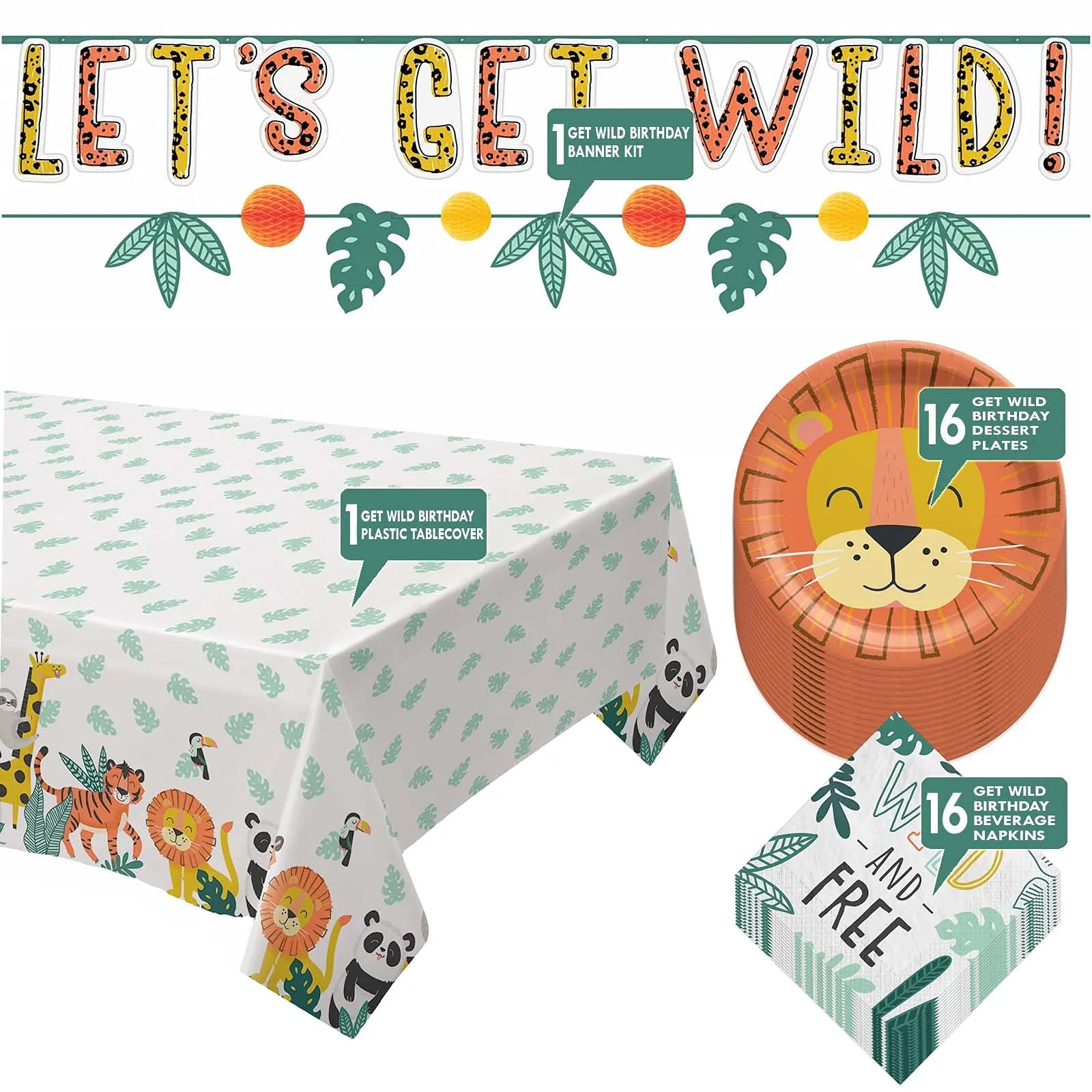 Get Wild Jungle Animals Safari Lion Paper Dessert Plates, Napkins, Table Cover, and Letter Banner Set (Serves 16)