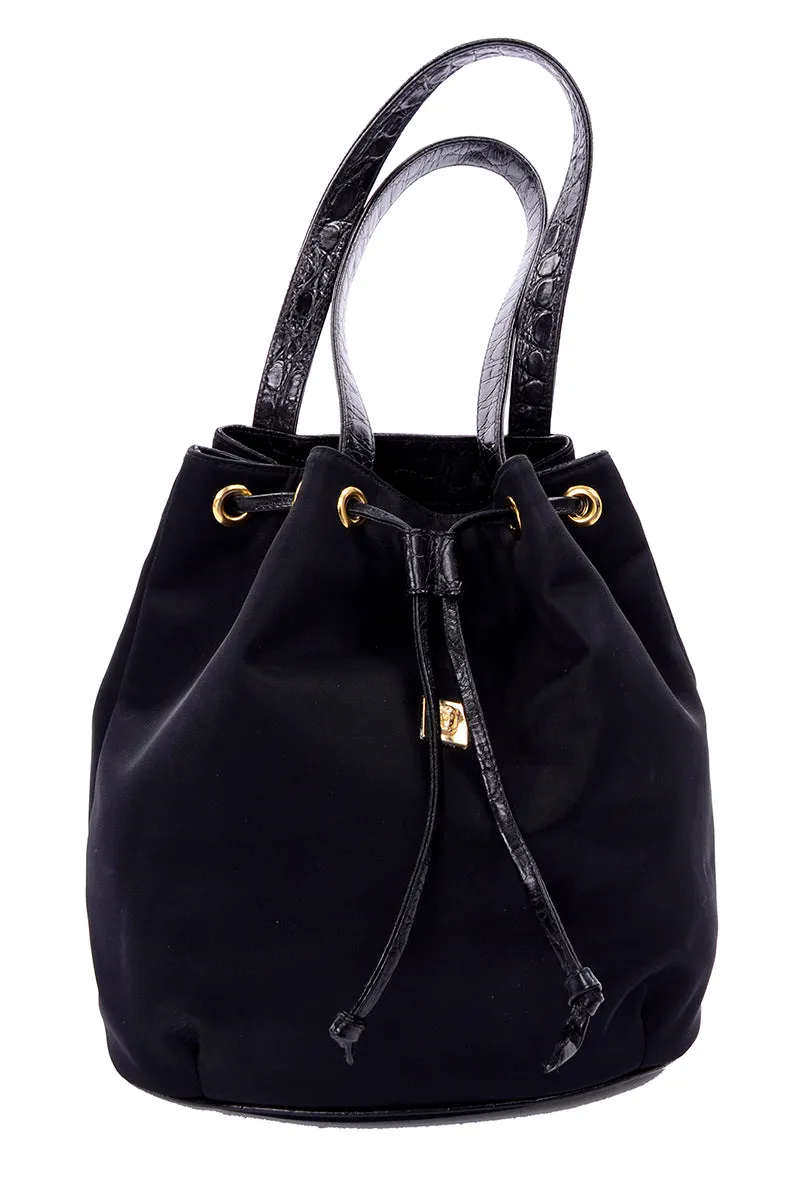 Gianni Versace Couture Vintage Black Drawstring Bucket Bag W/ Medusa Head