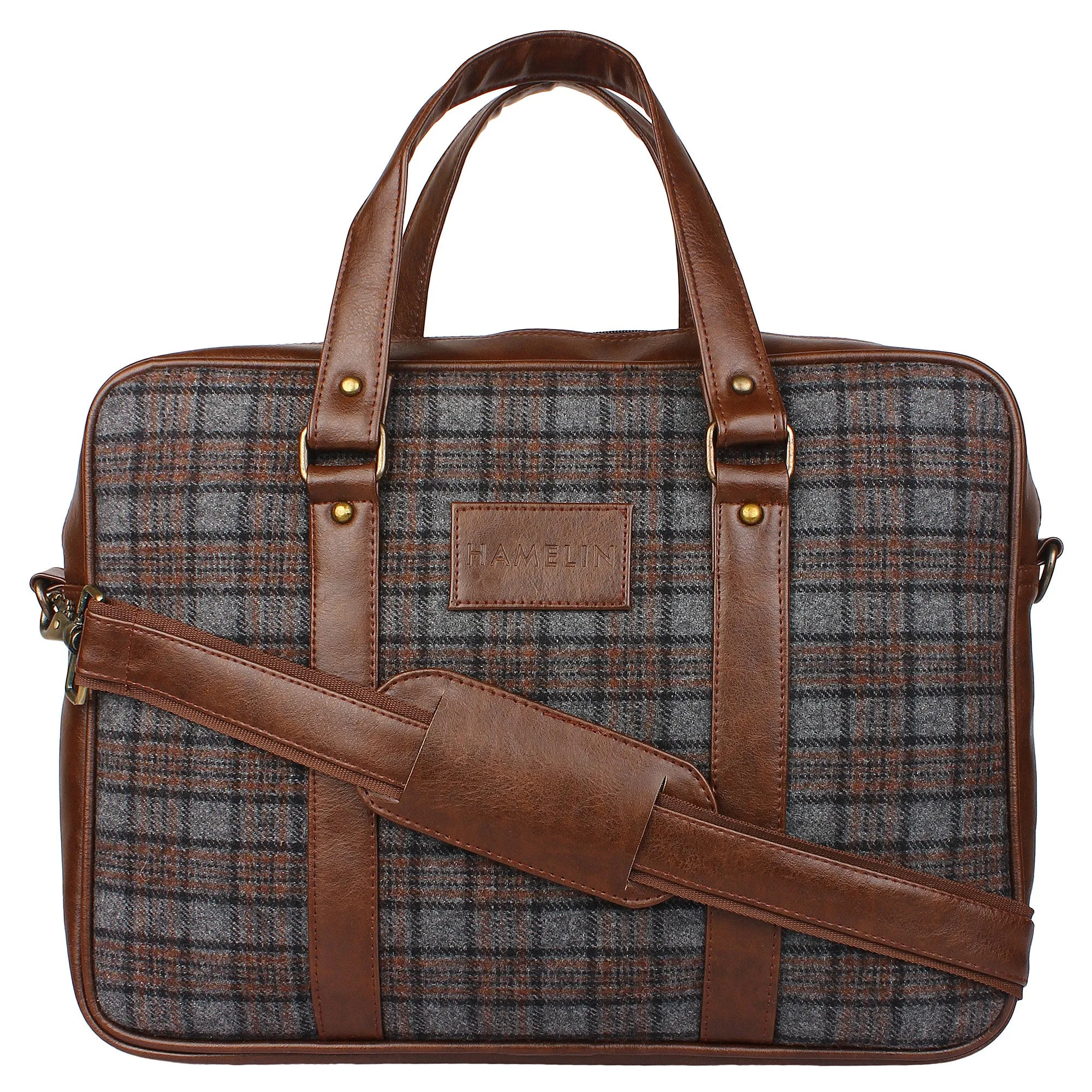 Gray Tartan Twill - Tweed and Vegan Leather Laptop Bag