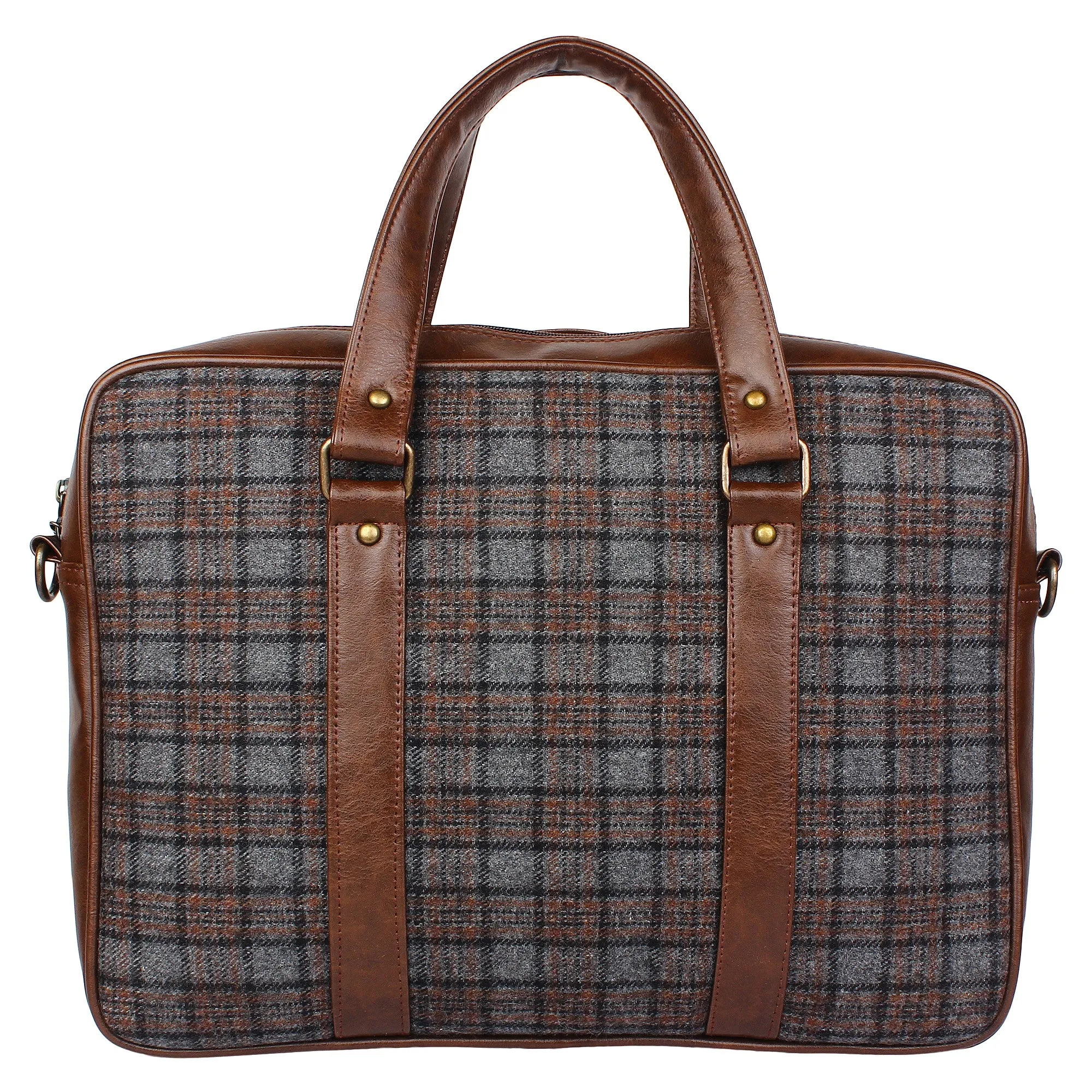 Gray Tartan Twill - Tweed and Vegan Leather Laptop Bag