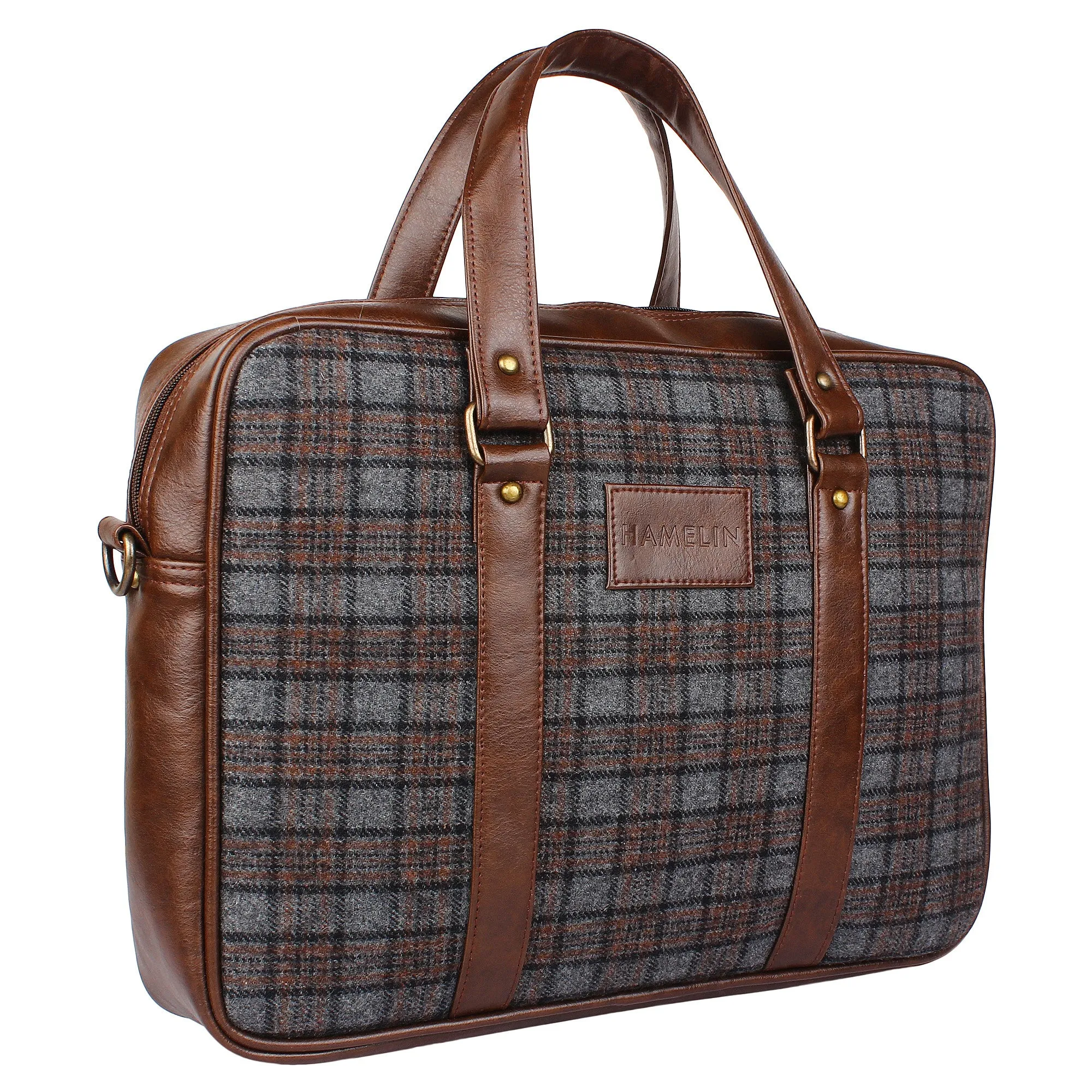 Gray Tartan Twill - Tweed and Vegan Leather Laptop Bag