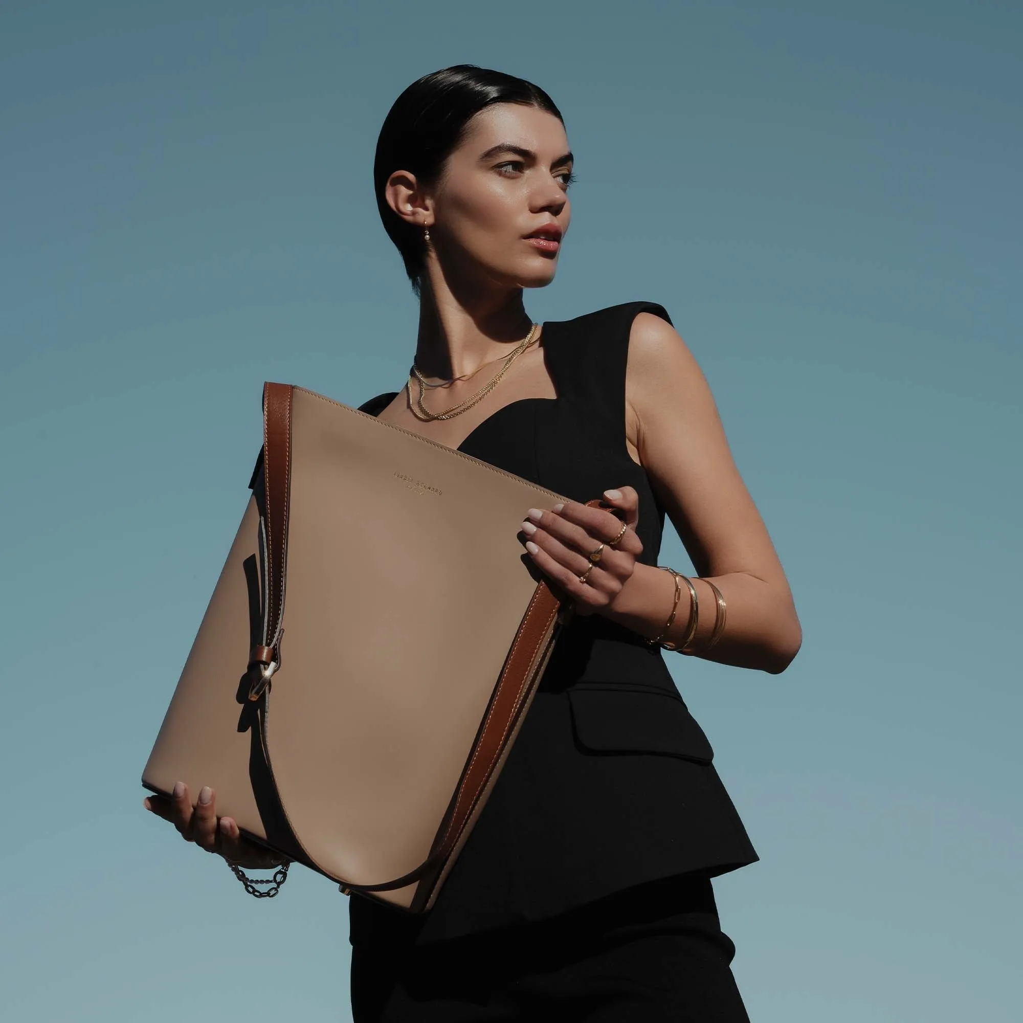 Honoré Lora taupe calfskin leather shoulder bag with laptop compartment