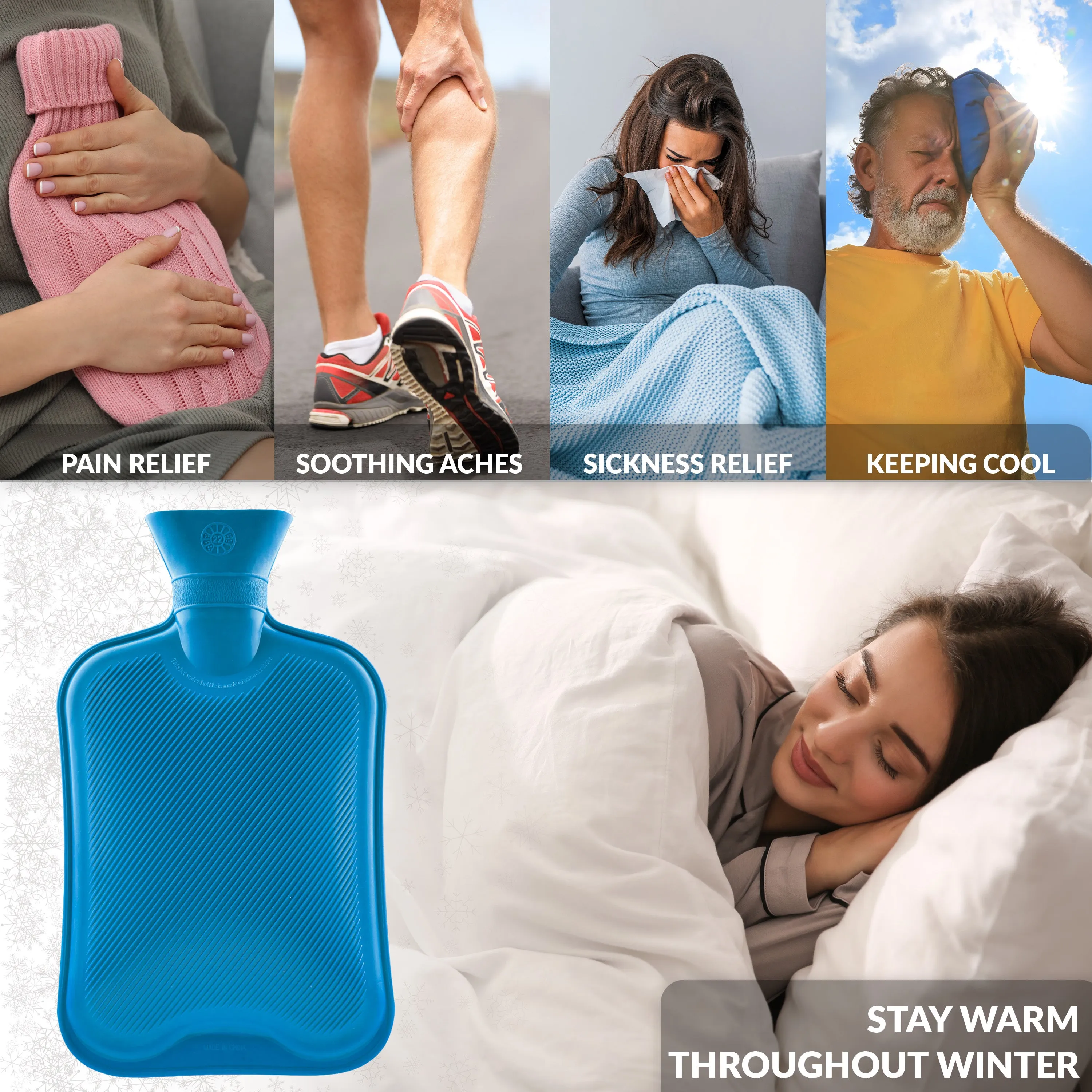 Hot Water Bottle Large 1.8L Rubber Hot Water Bag - Blue