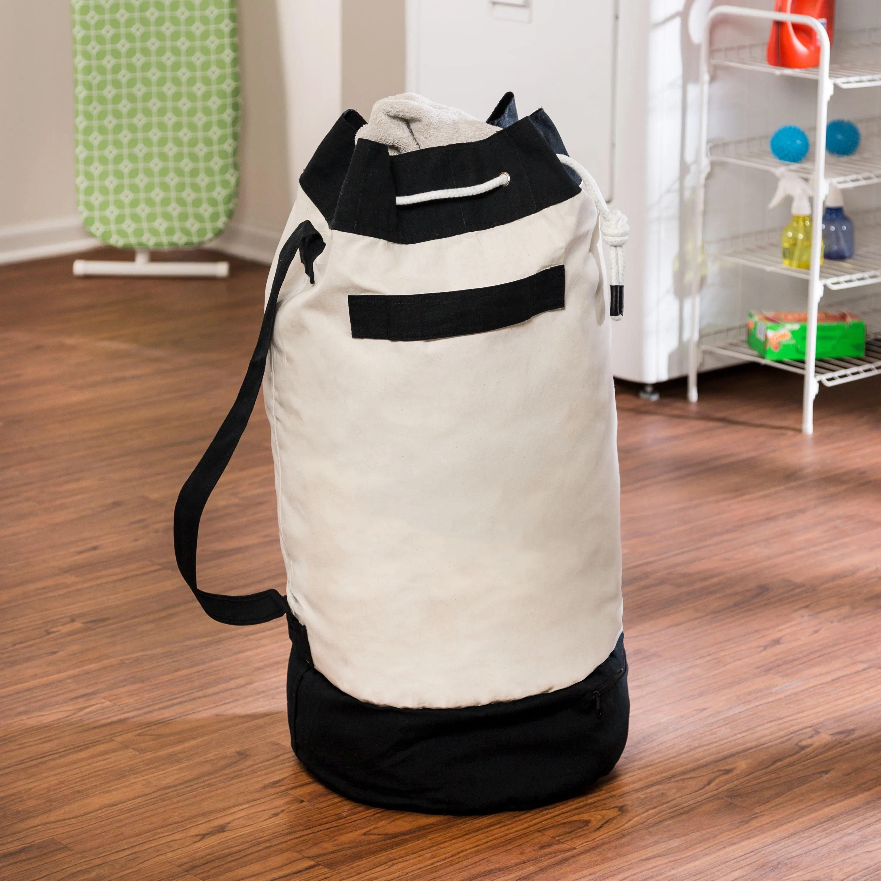 Large Laundry Duffle Bag with Bottom Storage, White/Black