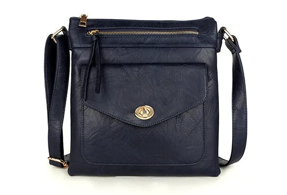 LARGE NAVY BLUE TURN LOCK MULTI COMPARTMENT CROSS BODY SHOULDER BAG WITH LONG STRAP