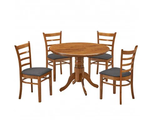 Linaria 5pc Dining Set 106cm Round Pedestral Table 4 Fabric Seat Chair - Walnut