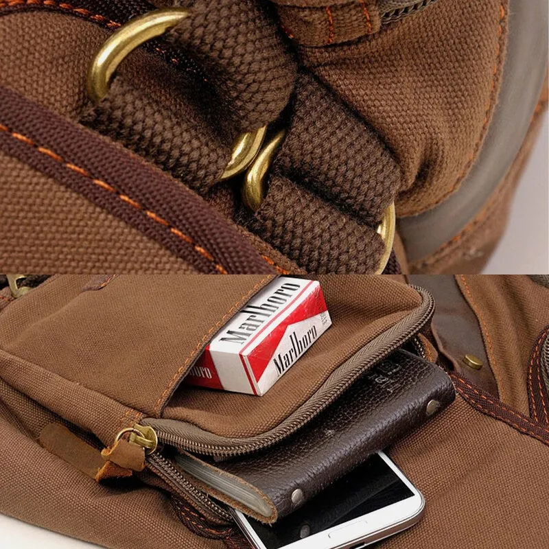 Men Genuine Leather And Canvas Travel Outdoor Carrying Bag Multi-pocket Crossbody Chest