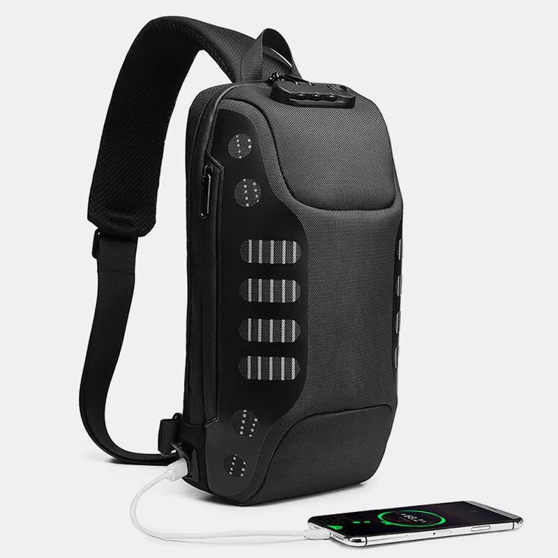 Men Oxford Multifunction Anti-theft Password Lock Chest Bag Casual Hidden Water Bottle Pocket Reflective Strip Design USB Charging Crossbody Shoulder Bag