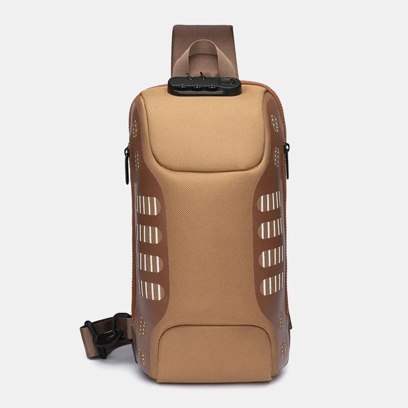 Men Oxford Multifunction Anti-theft Password Lock Chest Bag Casual Hidden Water Bottle Pocket Reflective Strip Design USB Charging Crossbody Shoulder Bag