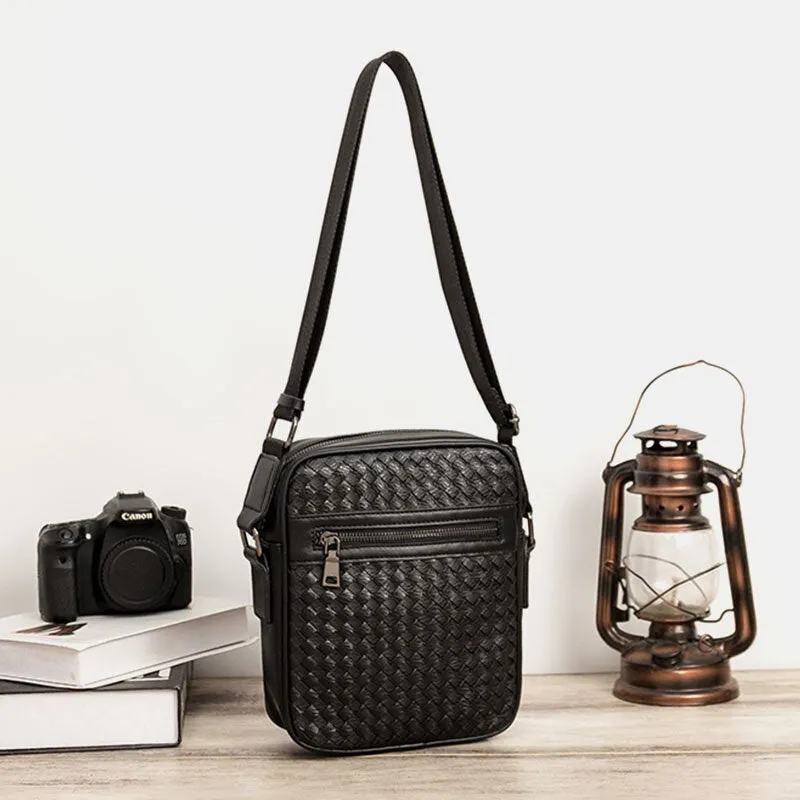 Men PU Soft Leather Large Capacity Woven Crossbody Shoulder Bag