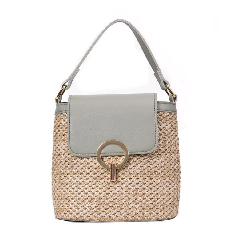 Metal Detail Straw Bucket Bag