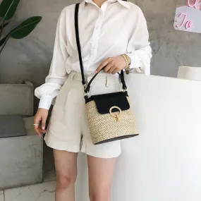 Metal Detail Straw Bucket Bag