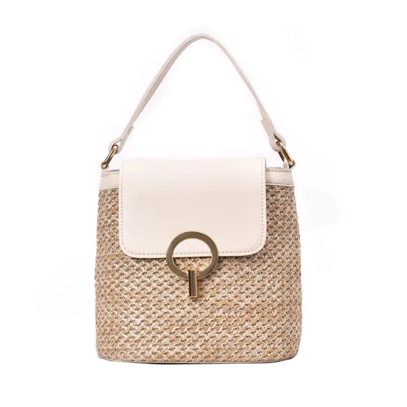 Metal Detail Straw Bucket Bag