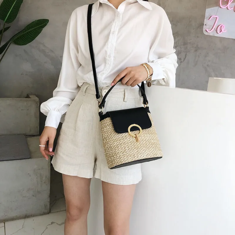 Metal Detail Straw Bucket Bag