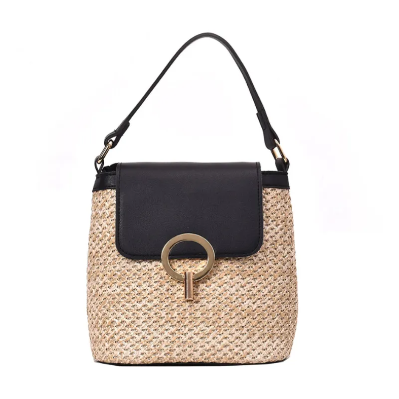 Metal Detail Straw Bucket Bag