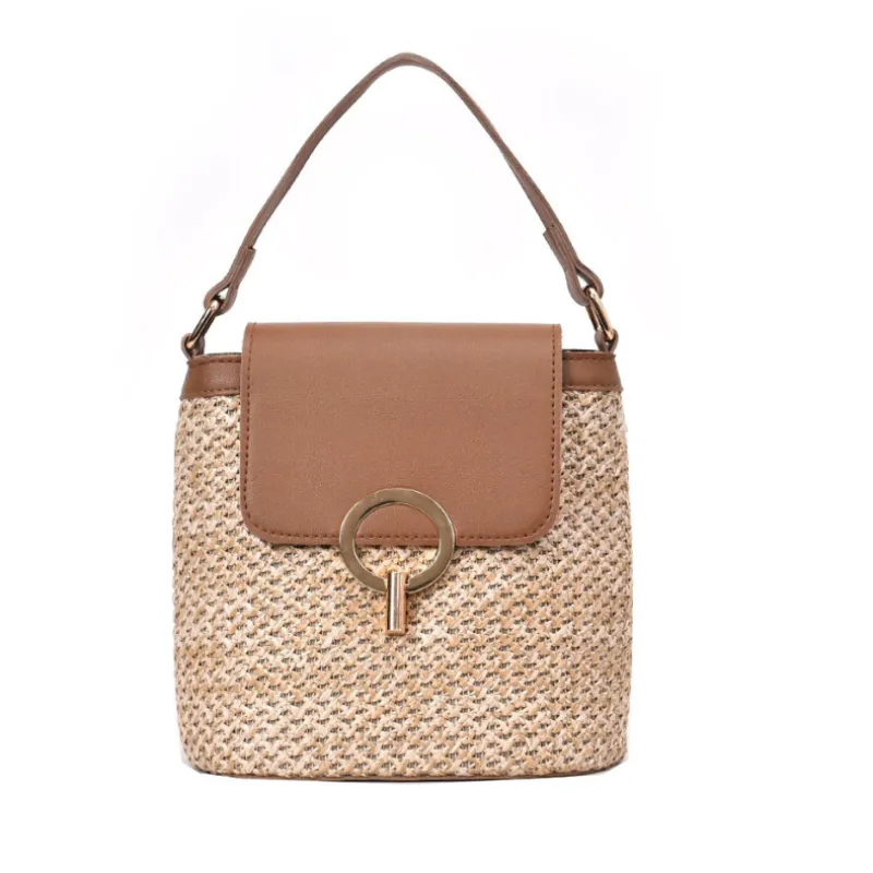 Metal Detail Straw Bucket Bag