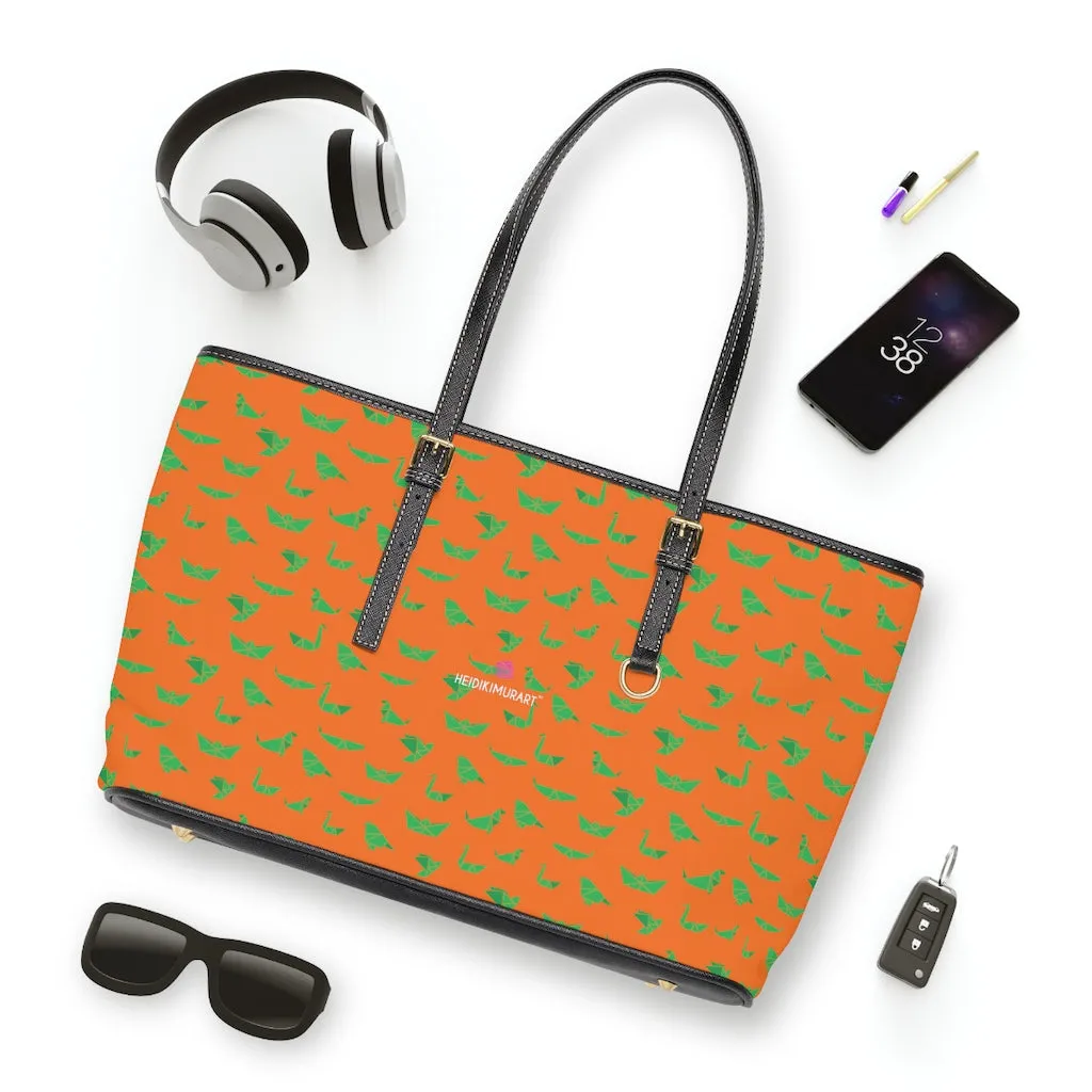 Orange Green Crane Tote Bag, Japanese Style Best PU Leather Shoulder Hand Work Bag 17"x11"/ 16"x10"