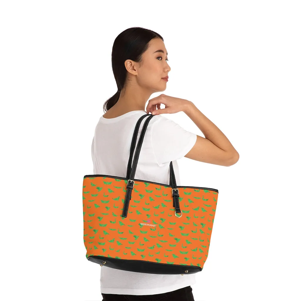 Orange Green Crane Tote Bag, Japanese Style Best PU Leather Shoulder Hand Work Bag 17"x11"/ 16"x10"