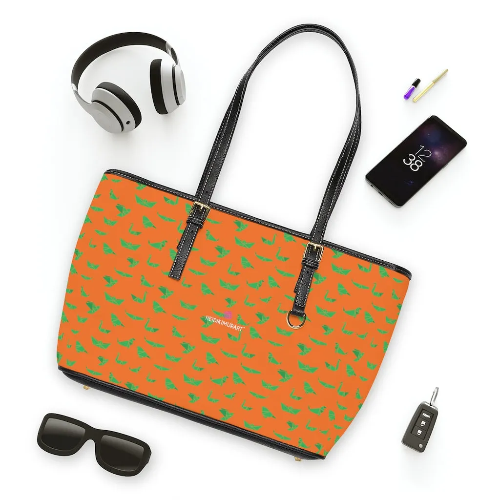 Orange Green Crane Tote Bag, Japanese Style Best PU Leather Shoulder Hand Work Bag 17"x11"/ 16"x10"